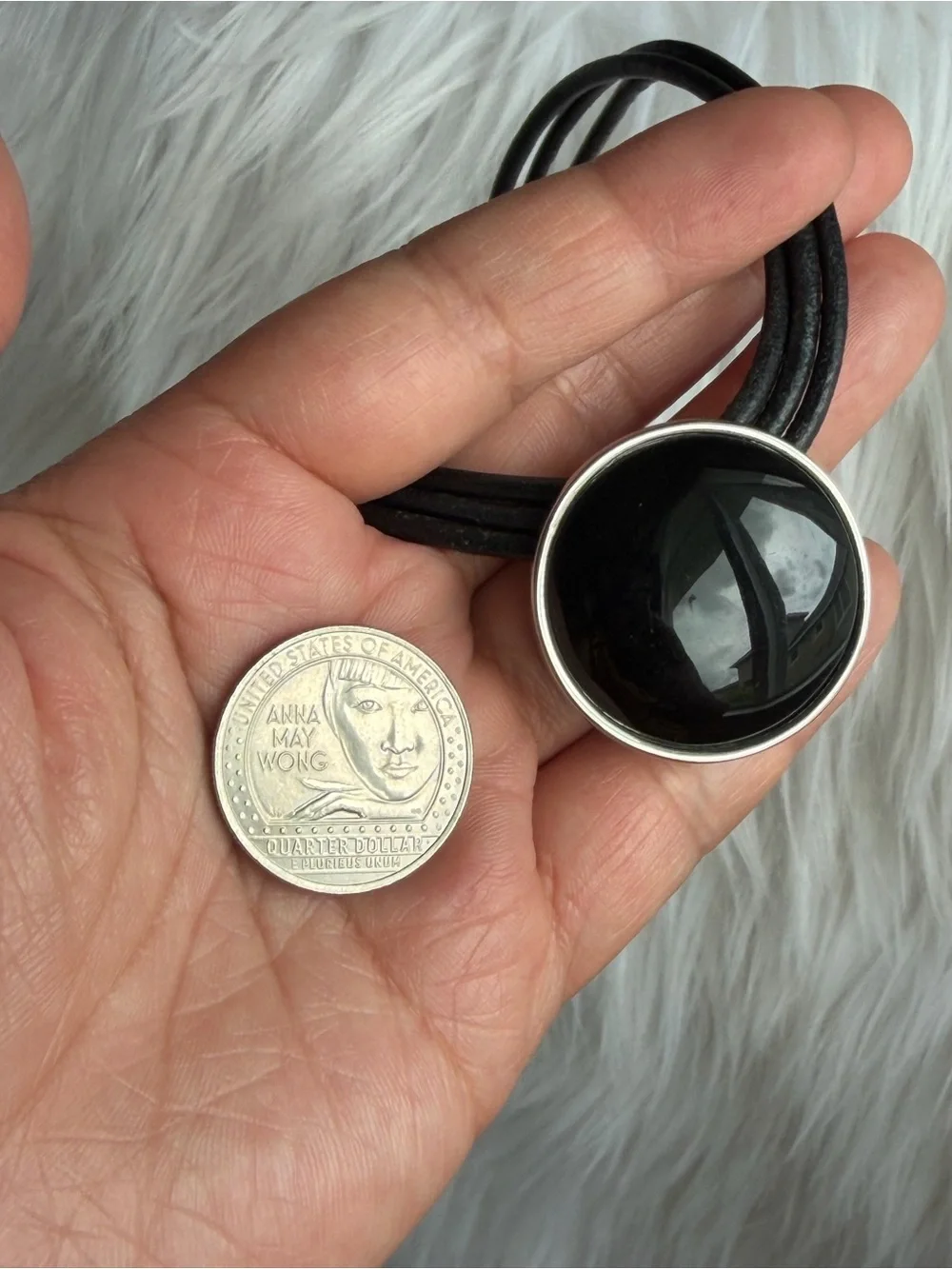 LAUREN RALPH LAUREN | Vintage | Black Leather Choker Silver Black Bezel Pendant